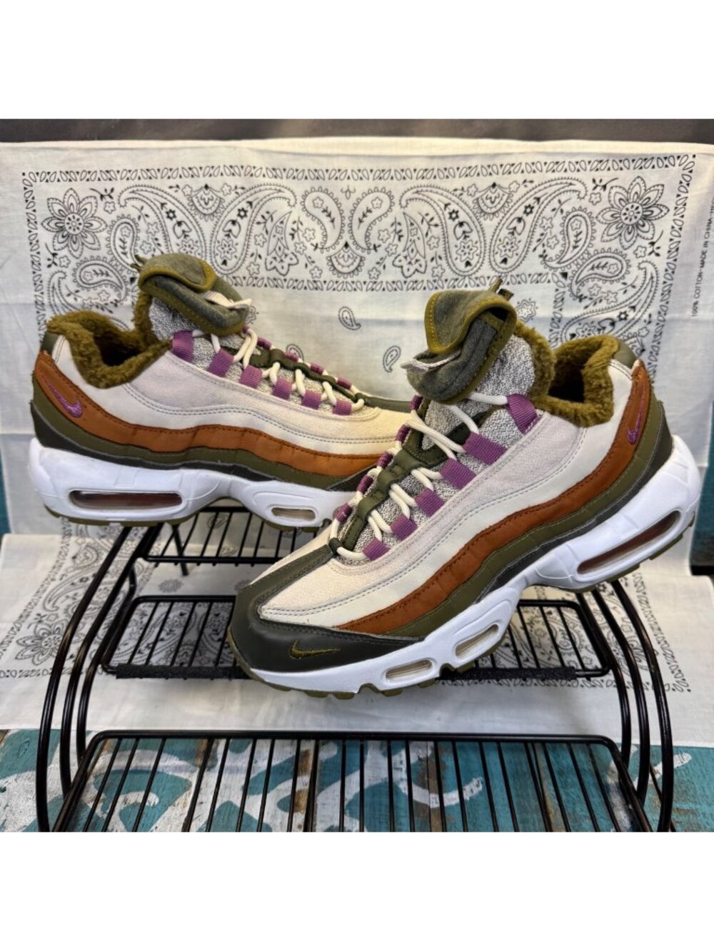 Nike Air Max 95 N7 Cargo Khaki Grey Bordeaux Pouch DX5935-300 Men's Sz 8 EUC